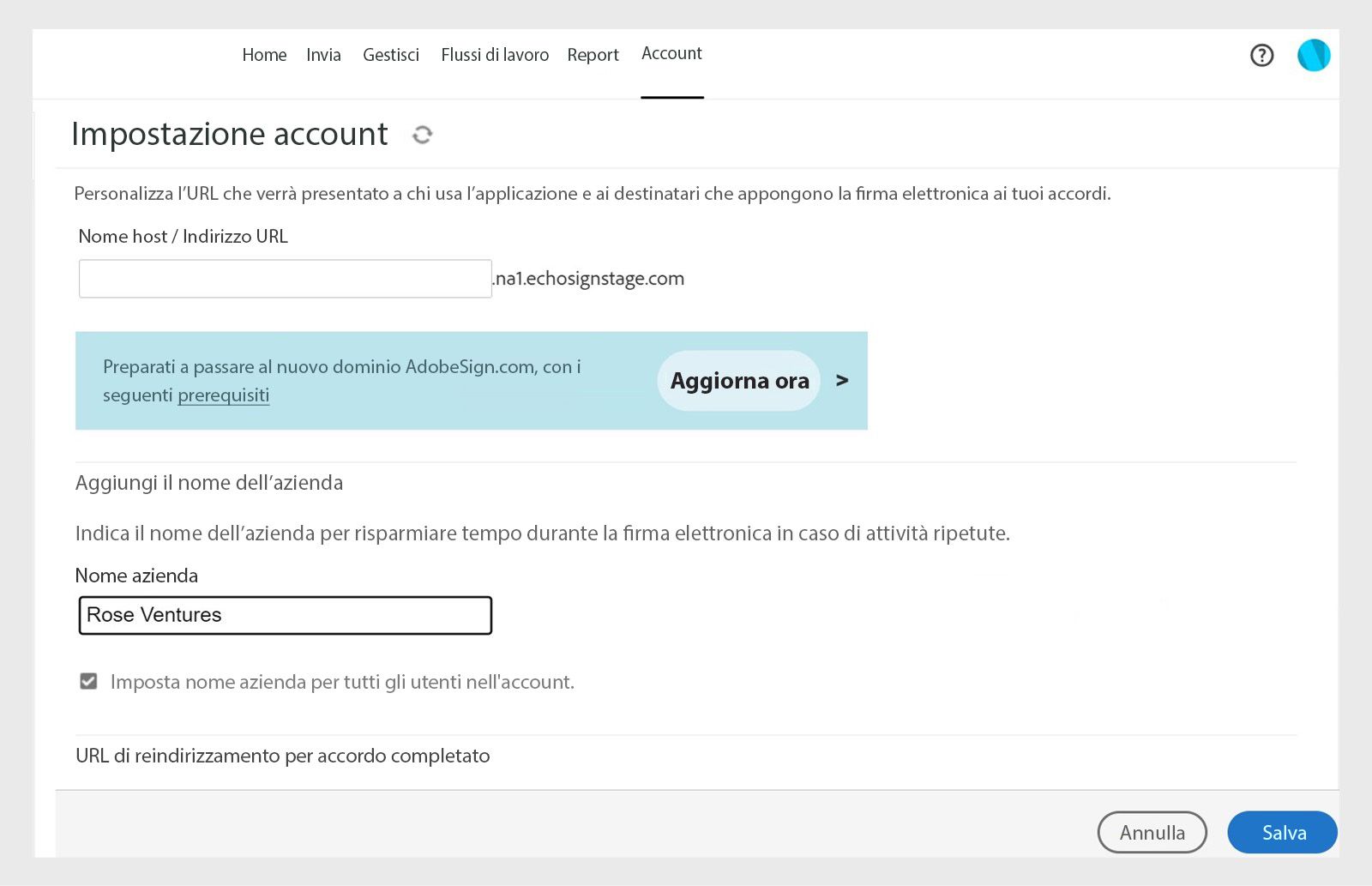Pagina di configurazione dell’account di Acrobat Sign, con le opzioni per aggiungere il nome dell’azienda con un campo “Nome azienda” e il pulsante Salva.