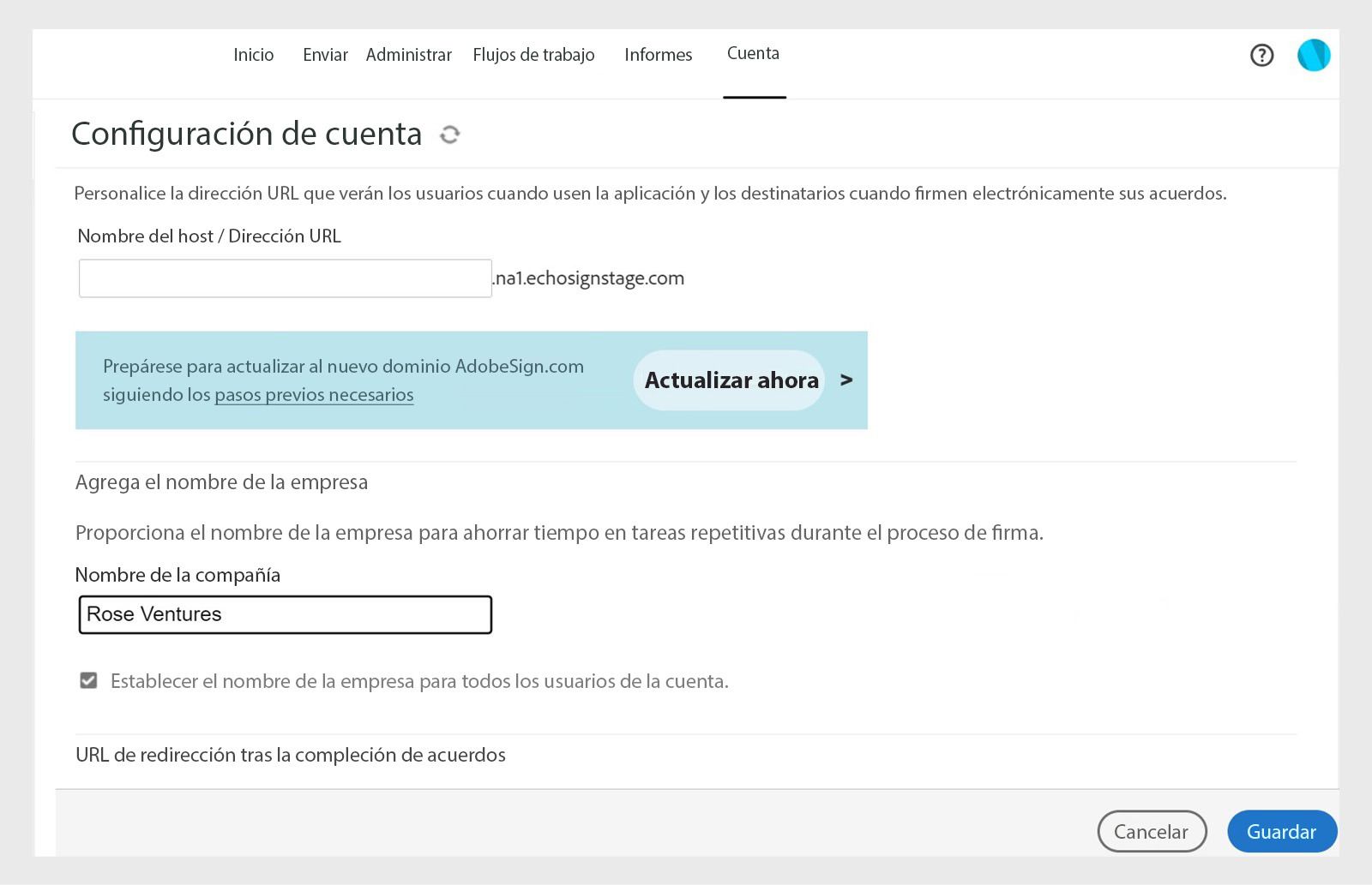 La página de configuración de la cuenta de Acrobat Sign muestra opciones para Añadir nombres de empresa con un campo “Nombre de la compañía” y el botón Guardar.