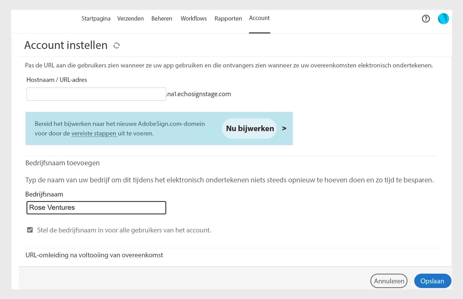 De pagina Acrobat Sign Account Setup bevat opties om bedrijfsnamen toe te voegen met het veld Bedrijfsnaam en de knop Opslaan.