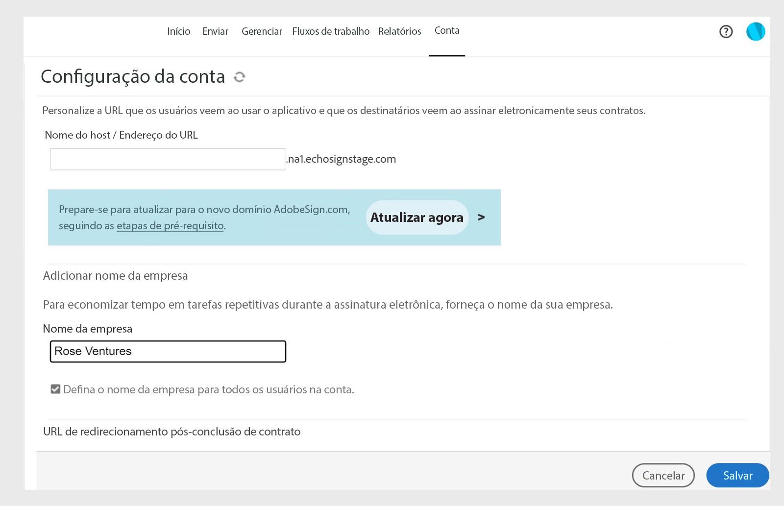 A página de configuração de conta do Acrobat Sign mostra opções para adicionar nomes de empresas com um campo “Nome da empresa” e um botão Salvar.