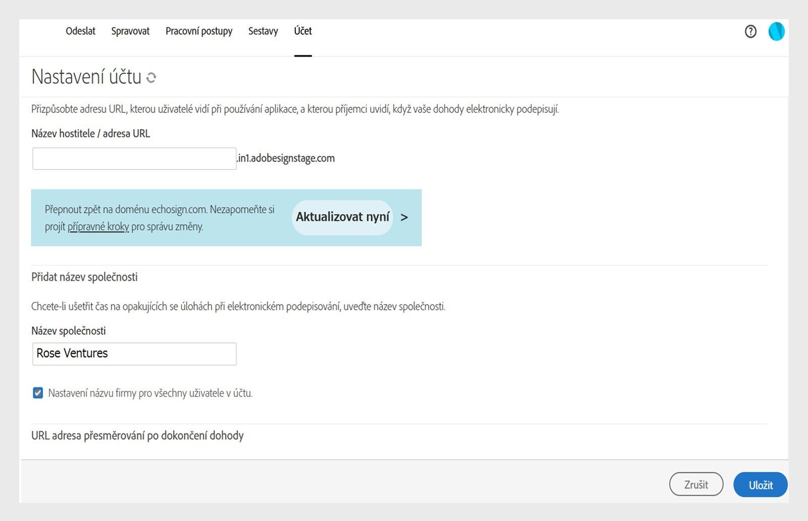 Stránka Nastavení účtu Acrobat Sign zobrazuje možnosti pro přidání názvů společností s polem „Název společnosti“ a tlačítkem Uložit.