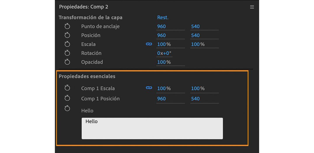 Propiedades esenciales en el panel Propiedades.