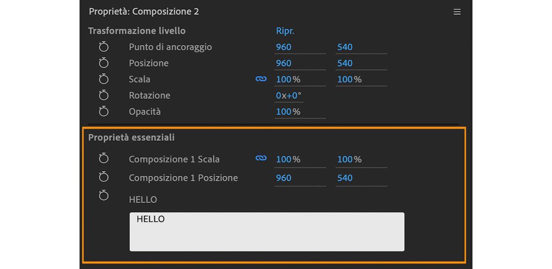 Proprietà essenziali nel pannello Proprietà.