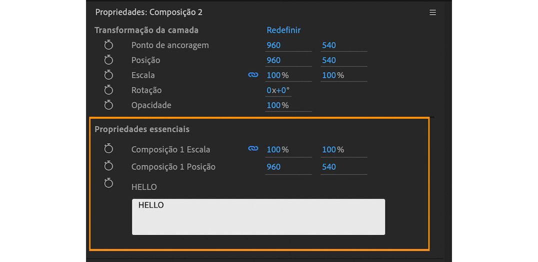 Propriedades essenciais no painel Propriedades.