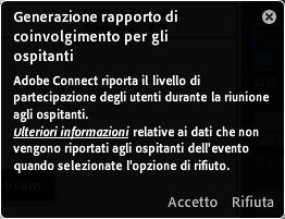 Componente notifier interno alla riunione con l'opzione di rifiuto e un collegamento per consultare più informazioni sul tracciamento del coinvolgimento.