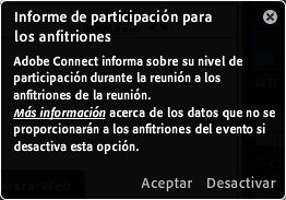 Notificador de la reunión con la opción de desactivación y un vínculo con más información sobre el seguimiento de participación.