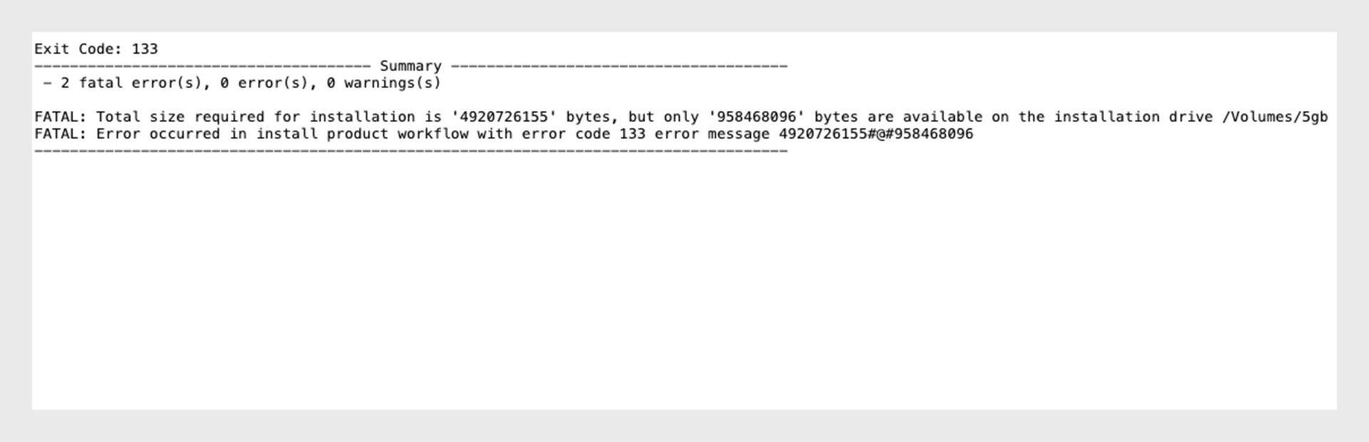 Código de error 133 mensaje de fallo de instalación que indica que no hay suficiente espacio de almacenamiento disponible en la unidad de instalación.