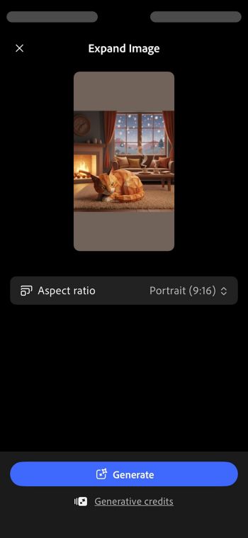 The Expand Image screen displays the uploaded image, the aspect ratio drop-down menu, the Generate button, and the Generative credits info callout.