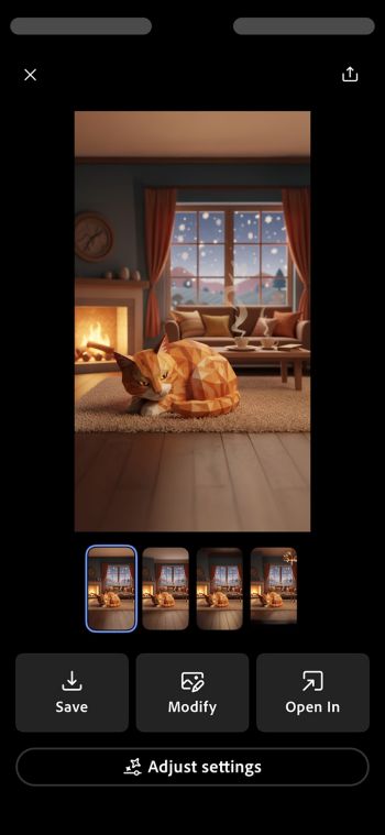 La pantalla Expandir imagen muestra todas las variaciones generadas y las opciones Guardar, Modificar, Abrir en y Ajustar Configuración.
