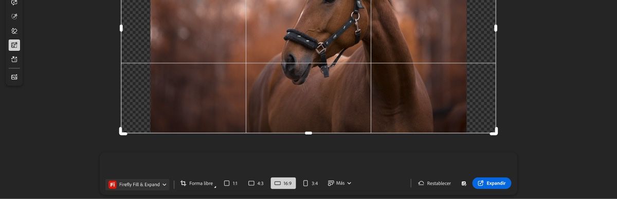 La pantalla de Ampliación generativa muestra una imagen con controladores de recorte y la opción Apaisada seleccionada entre una variedad de relaciones de aspecto.