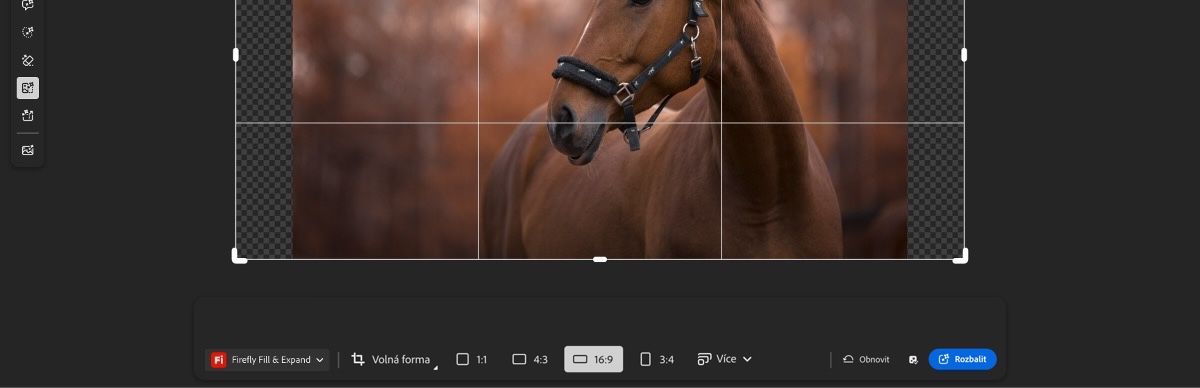 Obrazovka Generativní rozšíření zobrazuje obrázek s táhly oříznutí a vybranou možností Na šířku z různých poměrů stran.