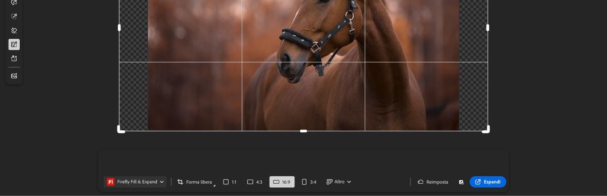 La schermata Espansione generativa mostra un'immagine con maniglie di ritaglio e l'opzione Orizzontale selezionata tra una varietà di proporzioni.