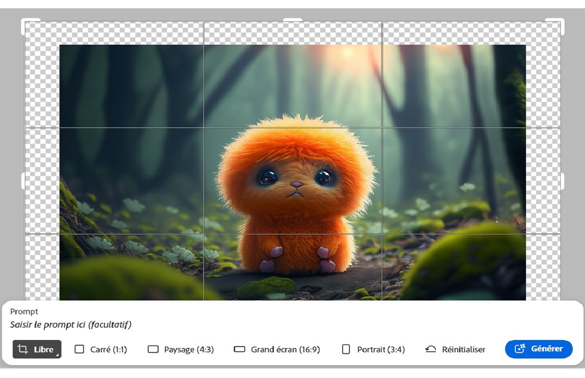 Illustration numérique d’une adorable créature orange et pelucheuse avec de grands yeux et un petit nez, sur un fond vert pâle. Sous l’image se trouvent des options de modification qui permettent de développer l’image en ajoutant un nouveau rapport et des dimensions de largeur et de hauteur.