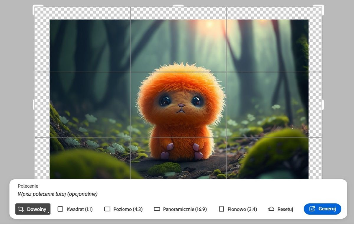 Cyfrowa ilustracja uroczej, puszystej pomarańczowej istoty z dużymi oczami i małym nosem umieszczonej na miękkim, zielonym tle. Poniżej obrazu znajdują się opcje edycji, które umożliwiają rozszerzenie obrazu przez dodanie nowych wymiarów proporcji, szerokości i wysokości.