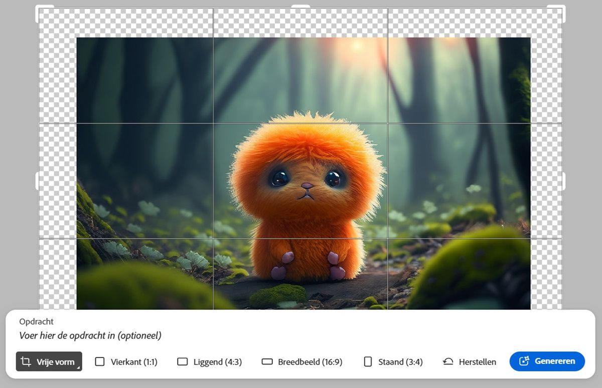 Digitale illustratie van een schattig, pluizig oranje wezen met grote ogen en een kleine neus, geplaatst tegen een zachte groene achtergrond. Onder de afbeelding vind je bewerkingsopties waarmee je de afbeelding kunt uitbreiden door nieuwe verhoudingen, breedte- en hoogte-afmetingen toe te voegen.