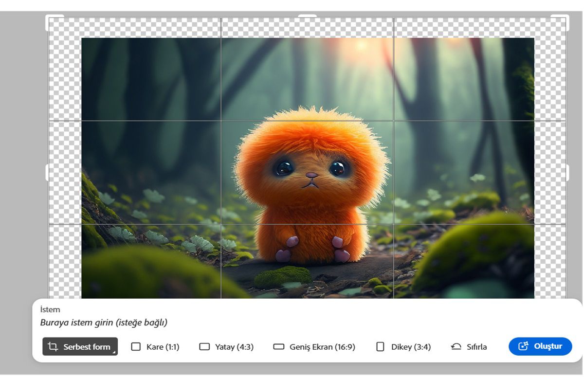Yumuşak yeşil arka plan üzerine yerleştirilmiş, büyük gözleri ve küçük burnuyla sevimli, turuncu tüylü bir yaratığın dijital illüstrasyonu. Görüntünün altında; yeni oran, genişlik ve yükseklik boyutları ekleyerek görüntüyü genişletmek için düzenleme seçenekleri bulunur.