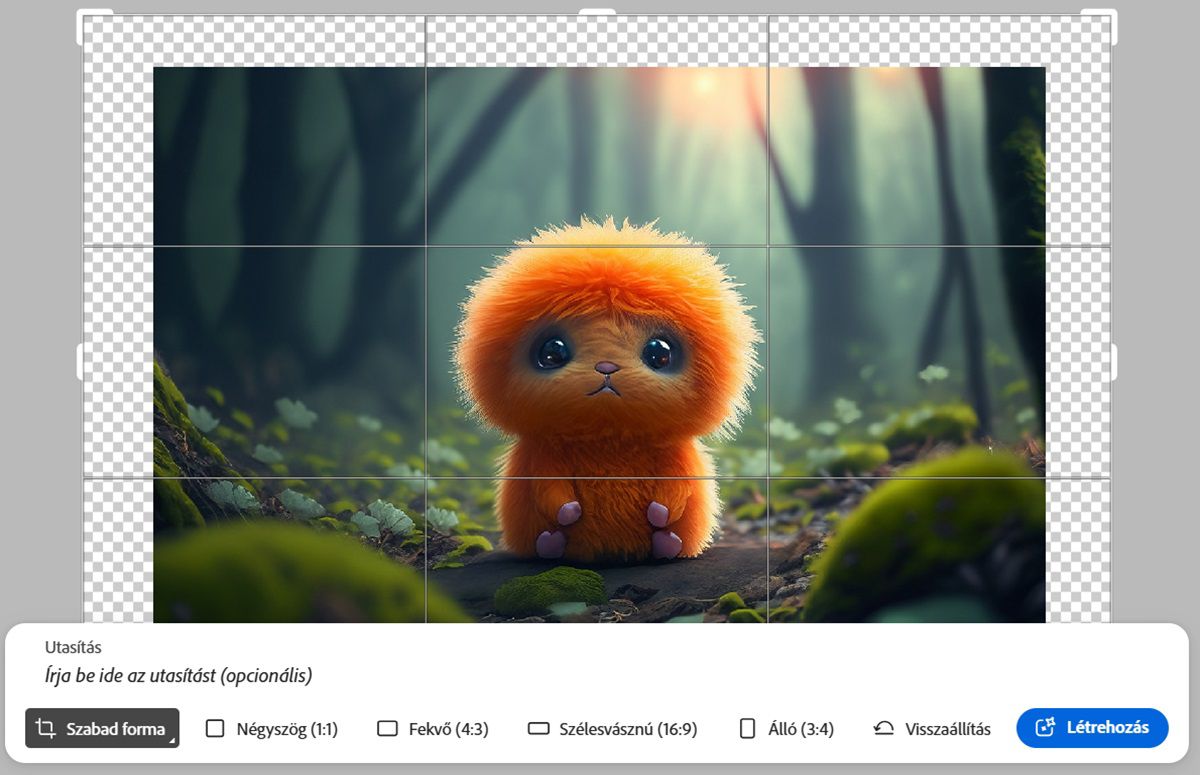 Digitális illusztráció egy aranyos, bolyhos, narancssárga lényről, nagy szemekkel és kis orral, lágy zöld háttér előtt. A kép alatt láthatók azok a szerkesztési lehetőségek, amelyekkel új arány, szélesség és magasság megadásával bővíthető a kép.