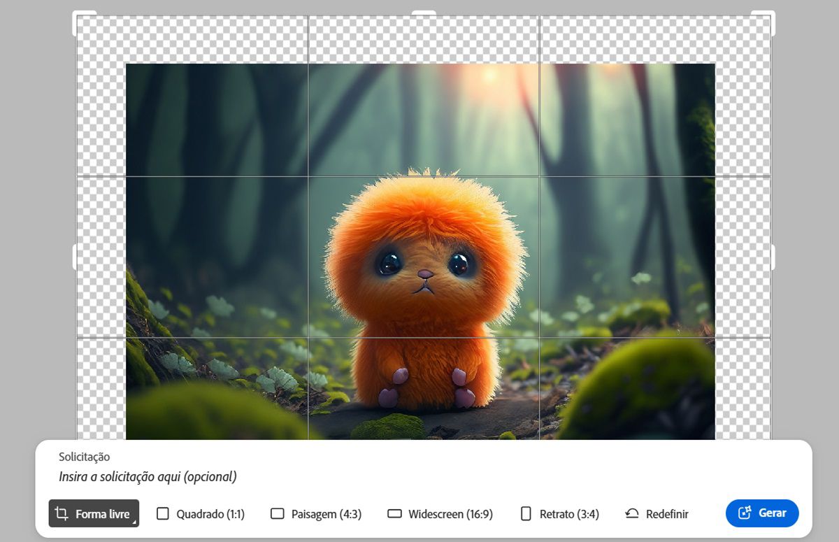 Ilustração digital de uma criatura laranja fofa, com olhos grandes e um nariz pequeno, colocada em um fundo verde suave. Abaixo da imagem, estão as opções de edição para expandir a imagem adicionando novas dimensões de proporção, largura e altura.