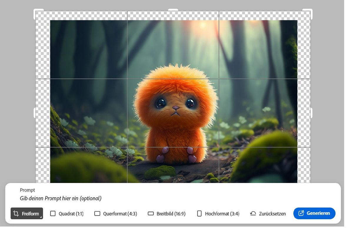 Digitale Illustration einer niedlichen, flauschigen orangefarbenen Kreatur mit großen Augen und kleiner Nase, vor einem zartgrünen Hintergrund. Unter dem Bild finden sich Bearbeitungsoptionen zum Erweitern des Bildes durch Vorgeben neuer Maße für Verhältnis, Breite und Höhe.