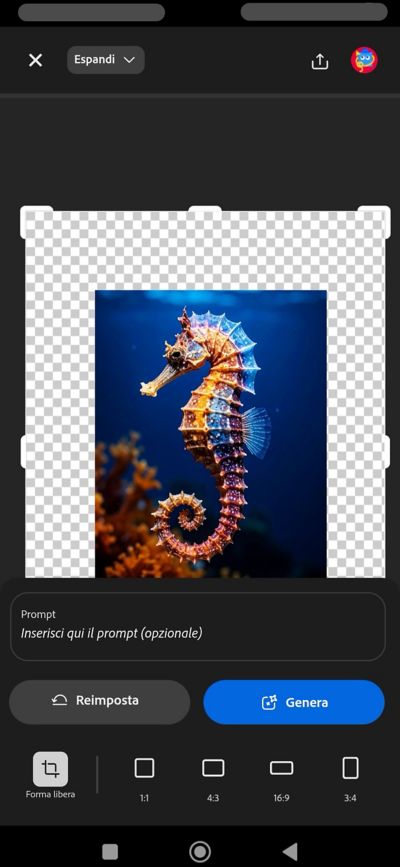 Illustrazione digitale di un acquario con pesci, piante acquatiche e acqua limpida, con le opzioni di modifica mostrate di seguito per espandere l'immagine regolandone rapporto, larghezza e altezza.