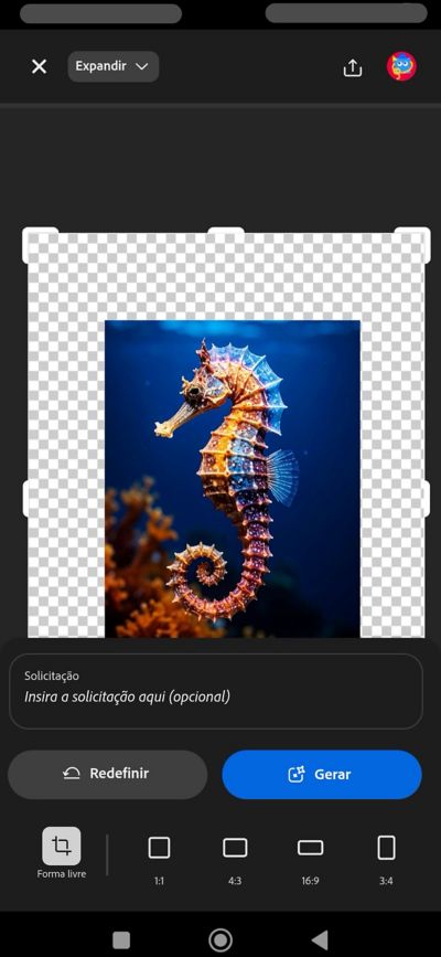 Ilustração digital de um aquário com peixes, plantas aquáticas e água limpa, com opções de edição exibidas abaixo para expandir a imagem ajustando sua proporção, largura e altura.