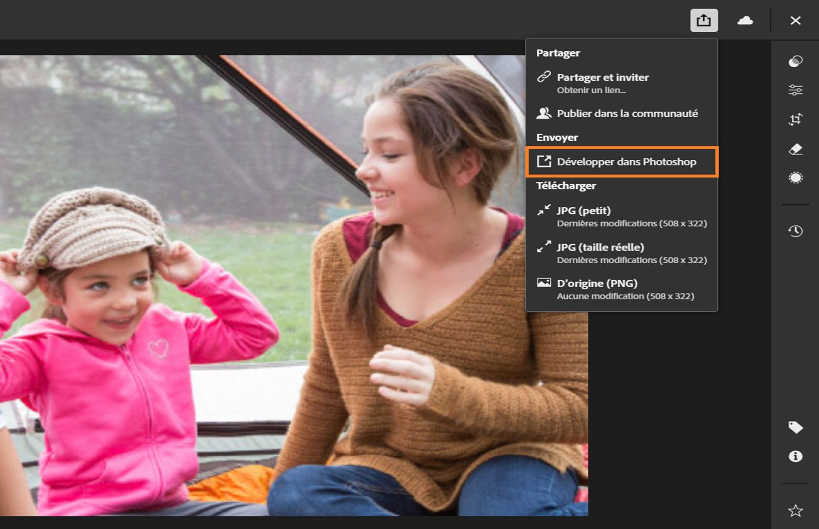 Une image de garçon et de filles s’ouvre dans Lightroom sur le web lorsque le menu Développer dans Photoshop est sélectionné.