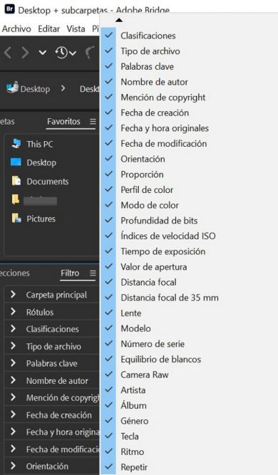 Explore el panel Filtro en Adobe Bridge.
