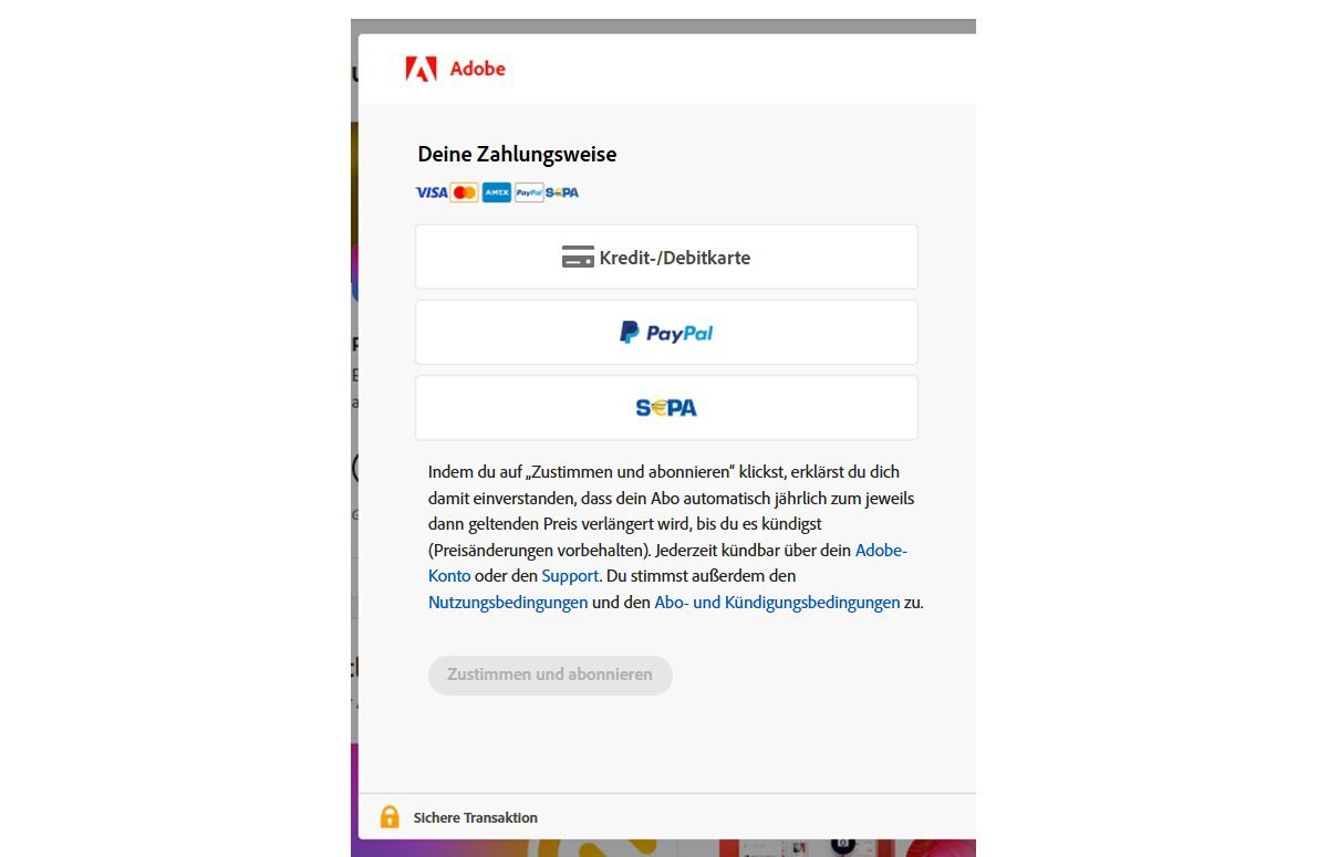 Bezahlbildschirm im Adobe-Konto
