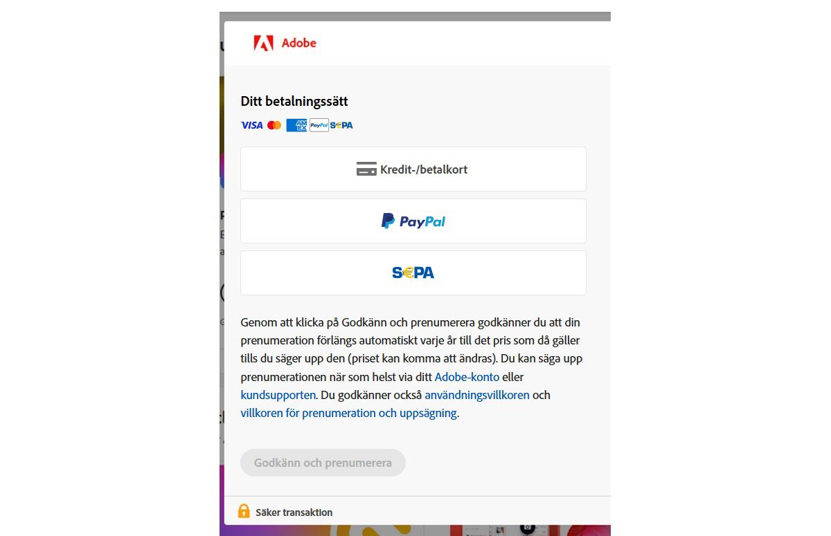 betalningsskärm på ett Adobe-konto