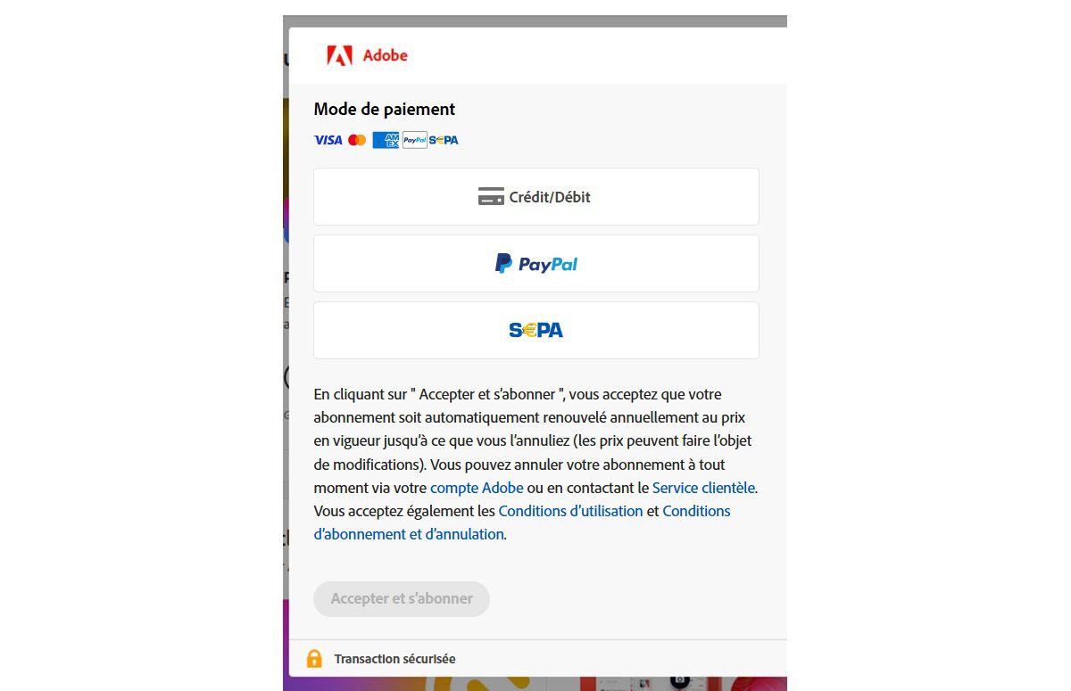 écran de paiement dans le compte Adobe