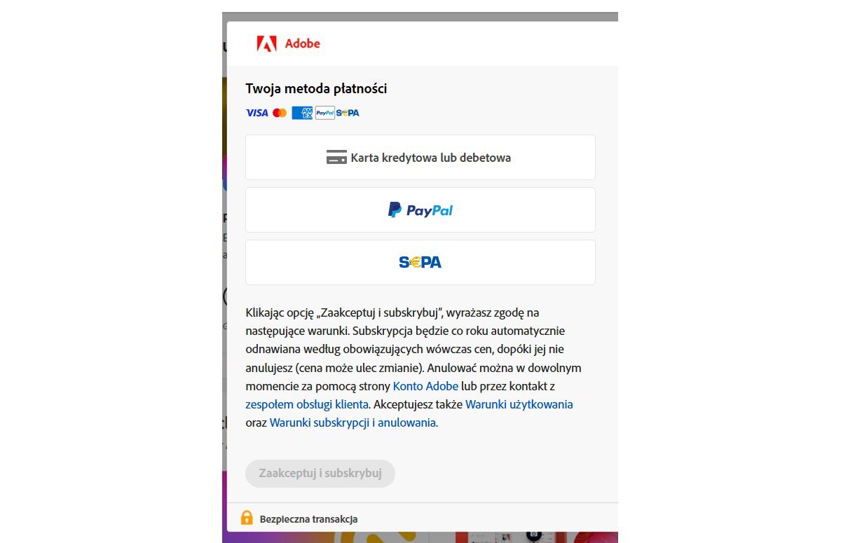 ekran płatności na koncie Adobe