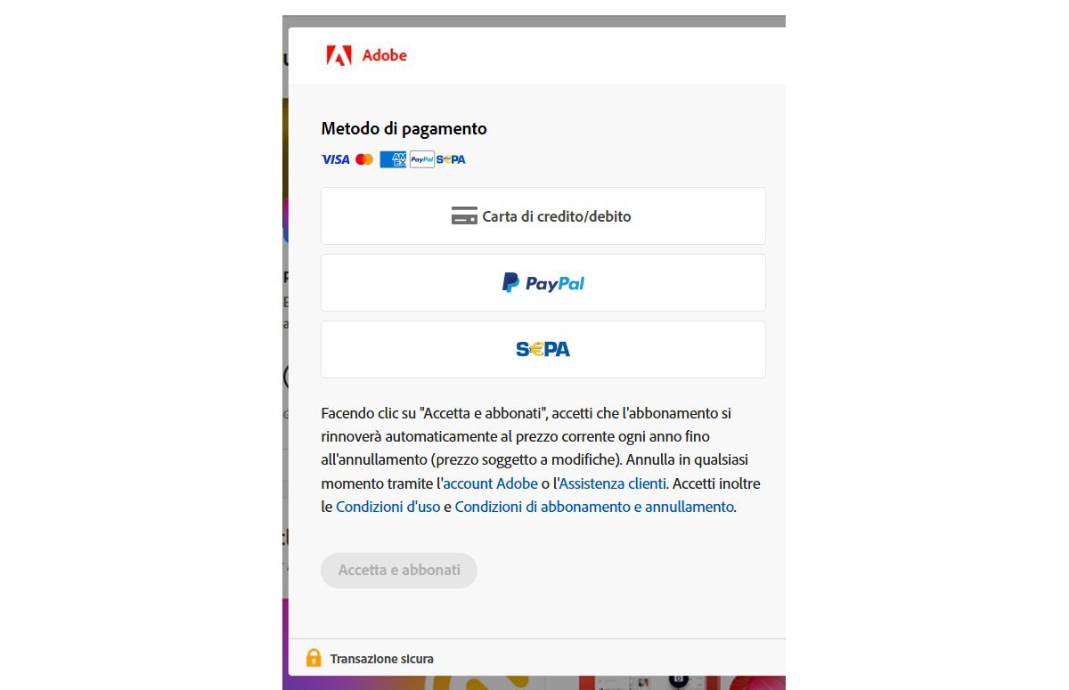 Schermata di pagamento nell'account Adobe