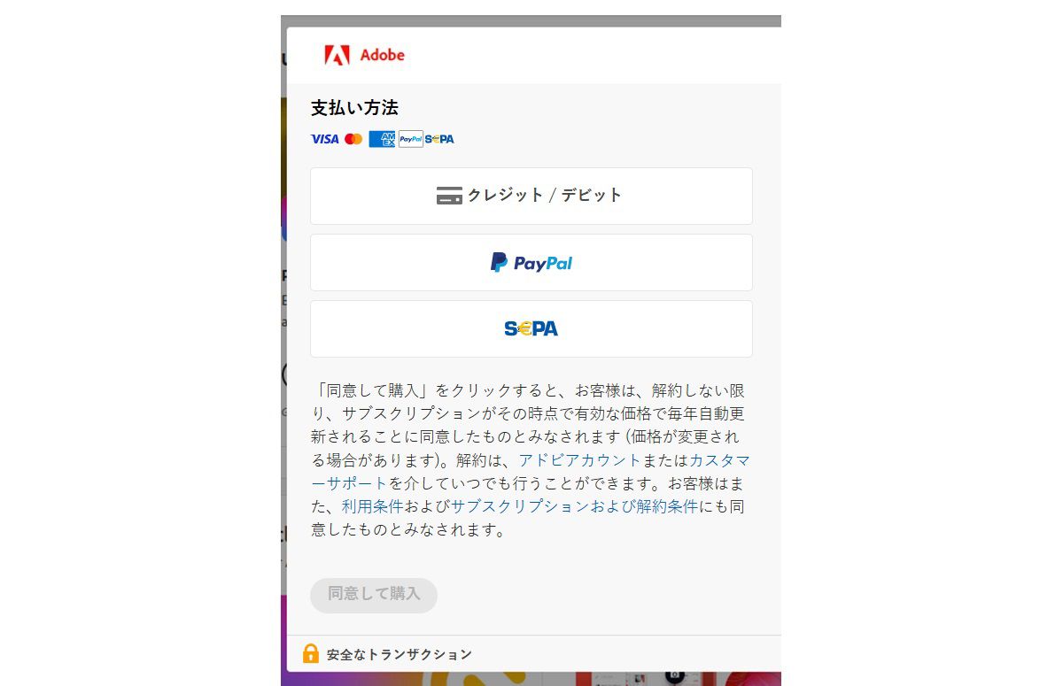 アドビアカウントの支払い画面