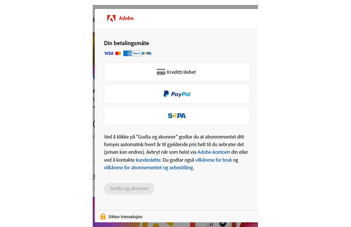betalingsskjermbilde i Adobe-konto