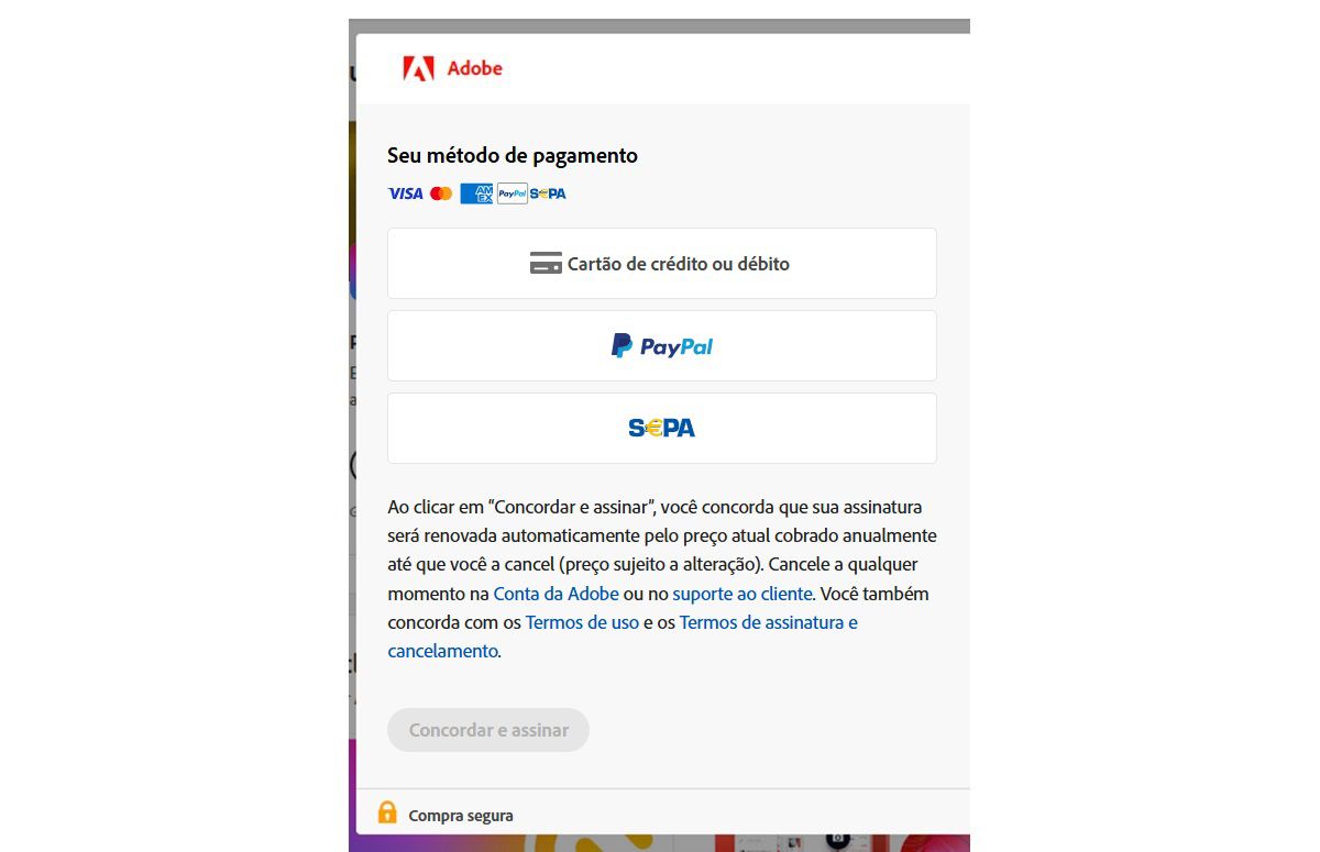 tela de pagamento na conta da Adobe