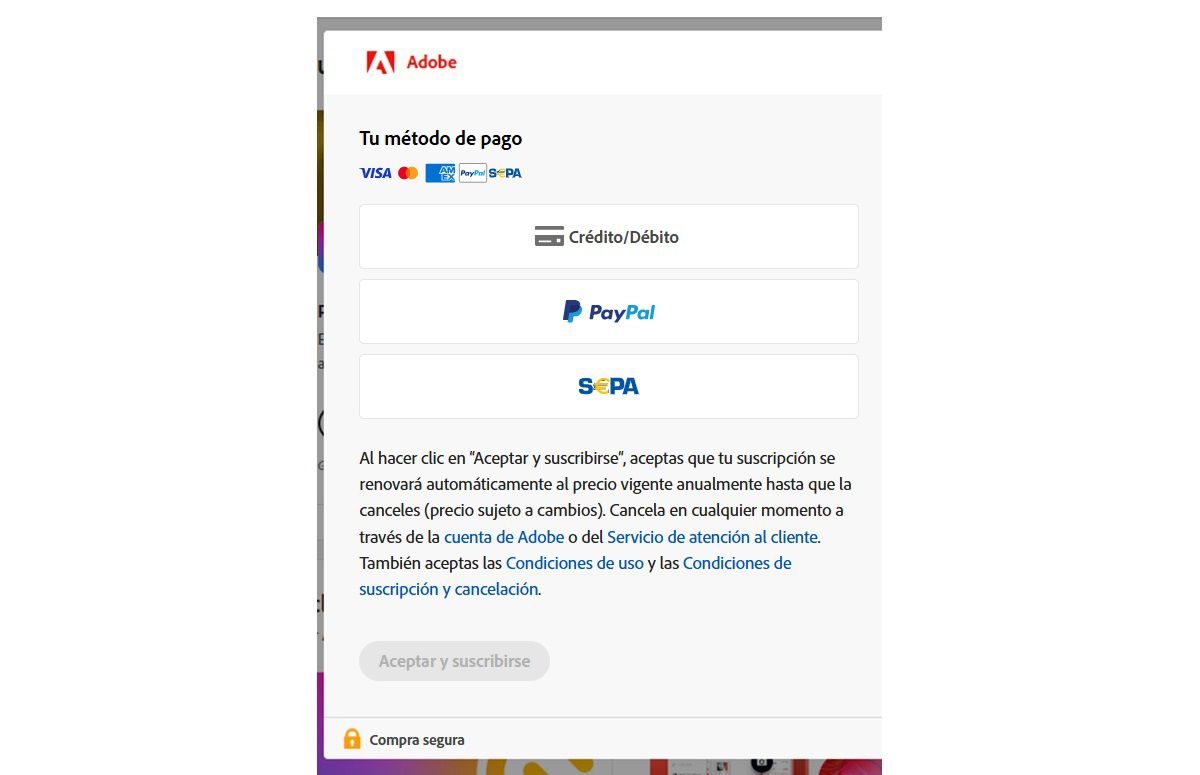 pantalla de pago en la cuenta de Adobe