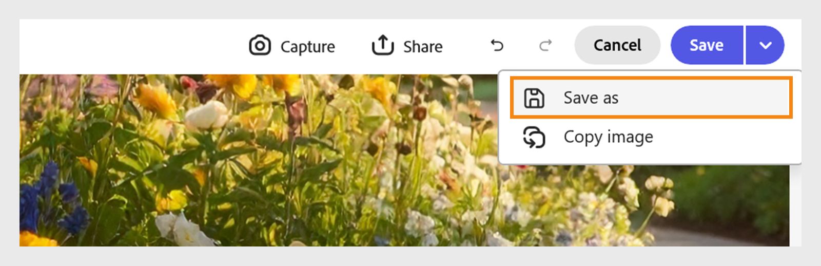 No canto superior direito da tela, use o menu suspenso Salvar, destacado como um botão azul, e selecione a opção Salvar como entre as duas opções disponíveis: Copiar imagem e Salvar como. 