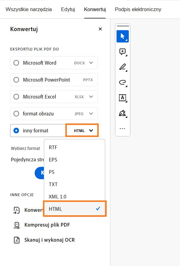 Zostanie wyświetlony pasek narzędzi Eksportuj PDF do, a inny format zostanie podświetlony.