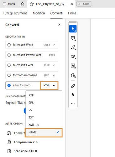 Esporta PDF viene visualizzato sulla barra degli strumenti e viene evidenziato un altro formato.