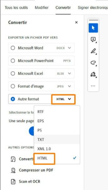 La barre d’outils Exporter un fichier PDF vers est affiché avec l’autre format mis en évidence.