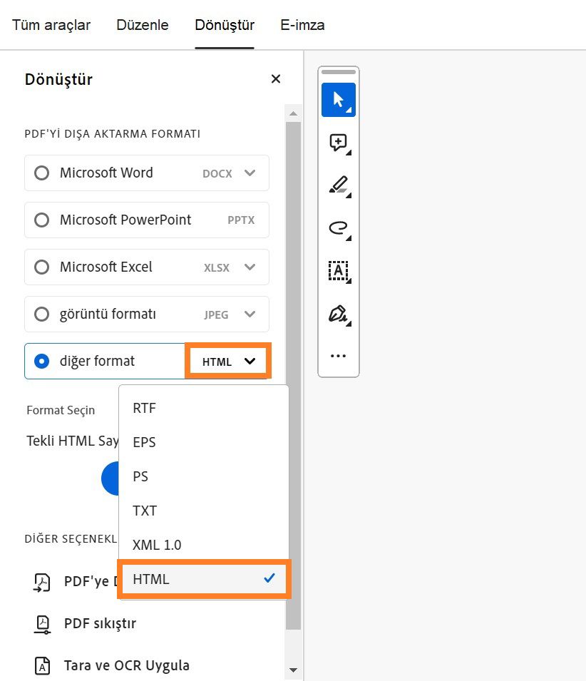 PDF'yi Dışa Aktar araç çubuğu gösterilir ve diğer format vurgulanır.