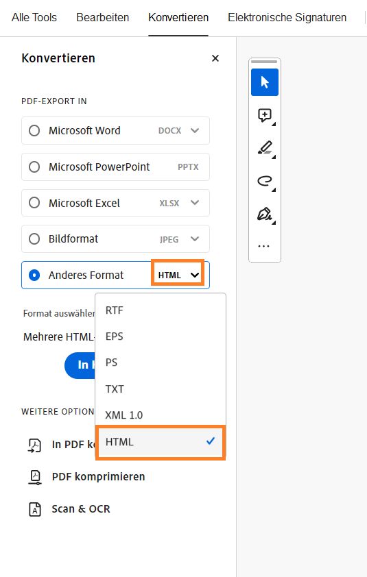 Die Option „Export PDF zur Symbolleiste“ wird angezeigt und ein anderes Format wird hervorgehoben.