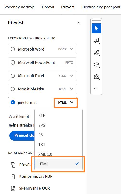 Zobrazení panelu nástrojů Exportovat PDF se zvýrazněnou možností „jiný formát“.
