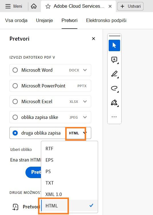 Orodna vrstica Izvozi datoteko PDF v je prikazana in druga oblika zapisa je označena.