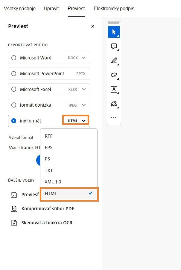 Zobrazí sa panel s nástrojmi Exportovať PDF do a zvýrazní sa iný formát.