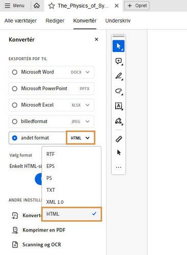 Værktøjslinjen Eksportér PDF til vises, og andre formater fremhæves.