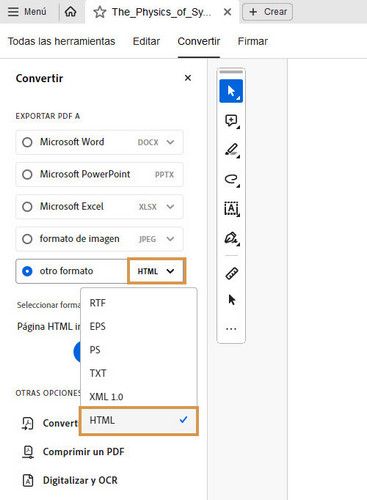 Se muestra la barra de herramientas Exportar PDF a y se resalta otro formato.
