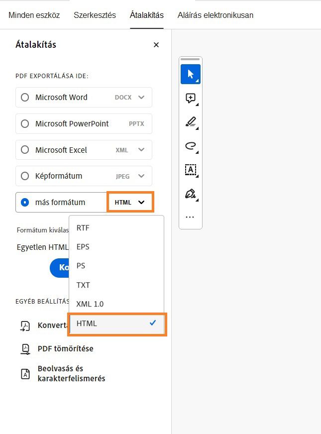 Megjelenik a PDF exportálása eszköztár, és a többi formátum kiemelve jelenik meg.