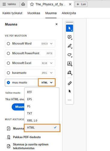 Vie PDF-tiedosto -työkalurivi tulee näkyviin ja muu muoto on korostettu.
