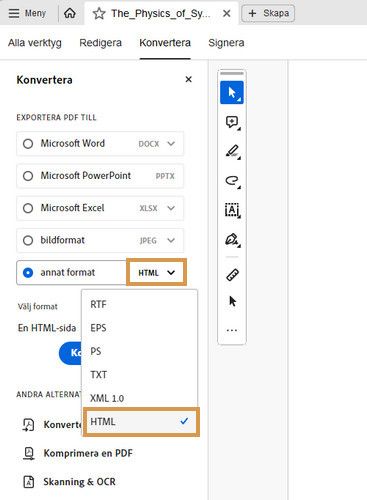 Den PDF som exporterades till verktygsfältet visas och andra format markeras.